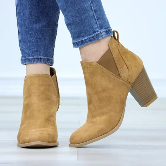 Block High Heeled Ankle Boots Brown Synthetic Suede Chelsea Cone - Picture 9 of 15